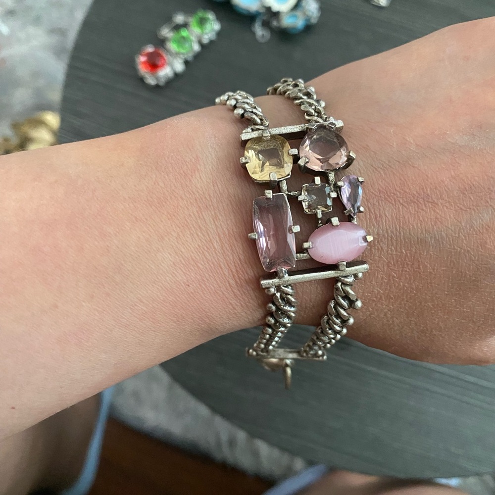 Silver-Tone Double-Row Bracelet with Pink and Pale Yellow Gemstones